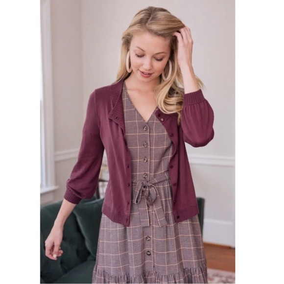 Gal Meets Glam Tamara Puff Sleeve Button Front Cardigan in Napa Grape - Picture 2 of 5